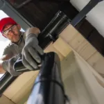Man Cleaning Gutters on a Residential Roof on a Sunny Day