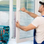 Young professional worker man in uniform suit is installing wind