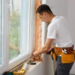 male industrial builder worker at window installation in building construction site
