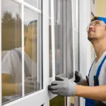 Worker in overalls and goggles looks up with smile when installing mosquito net